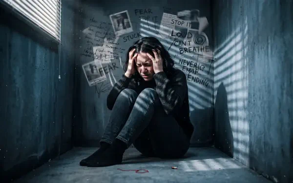 5K Ultra HD PC desktop wallpaper: a person curled in a shadowed corner, hands on their head, pinned notes and scrawled words on the walls conveying anxiety.