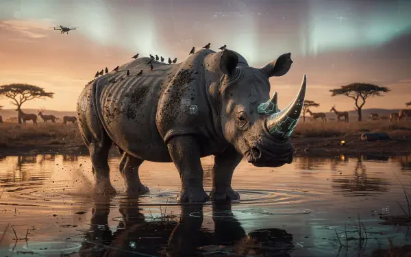 4K Ultra HD PC desktop wallpaper/background: a lone rhinoceros wading through reflective water at dusk, birds perched on its back, acacia trees and an aurora-lit sky beyond.