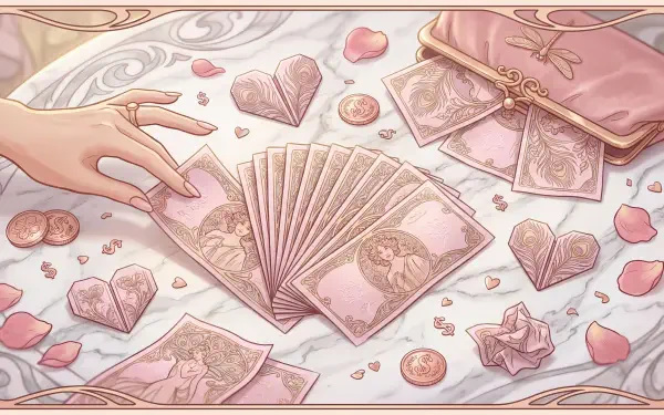 5K Ultra HD PC desktop wallpaper and background: pink money and coins, origami hearts and rose petals scattered on a tabletop as a hand fans a stack of bills.