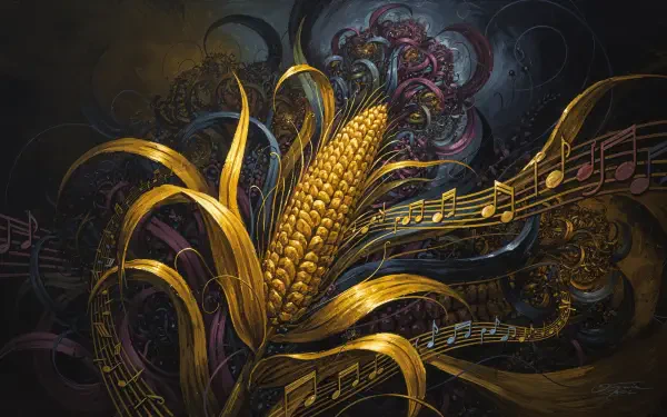 4K Ultra HD PC desktop wallpaper/background: ornate golden cornstalk with curling leaves and floating musical notes on a dark, textured backdrop.