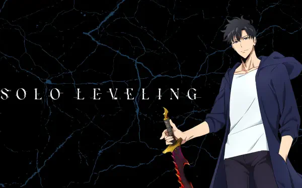 Solo Leveling 4K Ultra HD PC desktop wallpaper: protagonist Sung Jinwoo in a hoodie and white tee, holding a crimson blade against a cracked black background with SOLO LEVELING text.