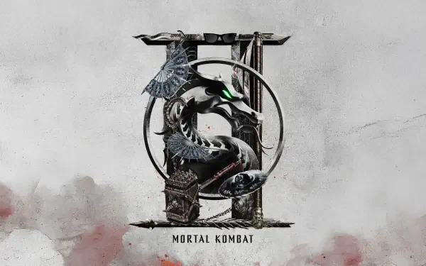 Mortal Kombat 2 (2026) 8K Ultra HD PC desktop wallpaper: weathered dragon emblem entwined with a spiked mask and blade over a gritty gray background with faint red smoke.