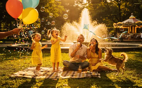 Joy: family picnic in golden light — parents, two children and a dog laugh by a fountain with balloons and bubbles. 4K Ultra HD PC desktop wallpaper background.