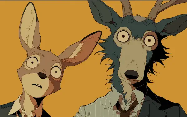 Orange-toned anime Beastars 2K Quad HD PC desktop wallpaper: Louis (Beastars) deer and Legoshi (Beastars) wolf, wide-eyed and stunned, framed against a solid orange background.