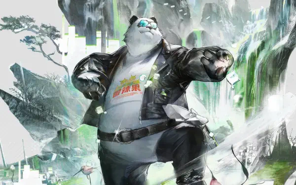 Da Pan, a panda from the video game Arknights: Endfield — wearing a leather jacket and shades, posing before misty emerald waterfalls and ruined cityscapes. 4K Ultra HD PC desktop wallpaper.