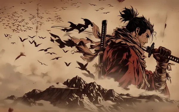 Woodblock-print style 2K Quad HD desktop wallpaper: Sekiro from the video game Sekiro: Shadows Die Twice, lone shinobi with katana overlooking misty mountains as crows swirl.