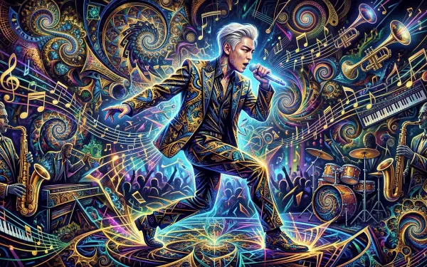 5K Ultra HD PC desktop wallpaper tagged T.O.P.: stylized singer in an ornate suit mid-performance, surrounded by swirling musical notes, instruments, and vivid neon fractal patterns.