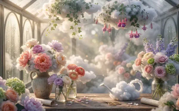 Floral 5K Ultra HD PC desktop wallpaper and background: dreamy greenhouse with vases of pastel roses and peonies, hanging fuchsias, soft sunlight and cloud-like mist outside the window.