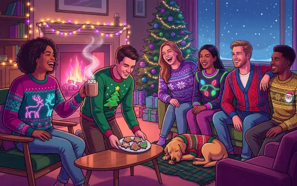 5K Ultra HD PC desktop wallpaper: friends in colorful Christmas sweaters laughing by a decorated tree and fireplace, dog asleep on the rug.