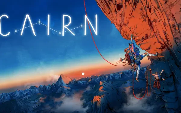 4K Ultra HD PC desktop wallpaper for the video game Cairn: climbers roped to a sheer red cliff overlooking misty blue mountain peaks under a glowing sunrise.