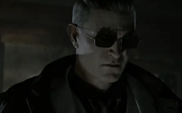 HD PC desktop wallpaper of Albert Wesker from the Resident Evil Requiem video game: brooding close-up, sunglasses, dark coat and shadowed lighting.