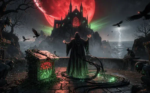 4K Ultra HD PC desktop wallpaper: an evil hooded sorcerer channels emerald magic before a gothic castle under a blood-red moon, crows and lightning over a stormy, foreboding landscape.