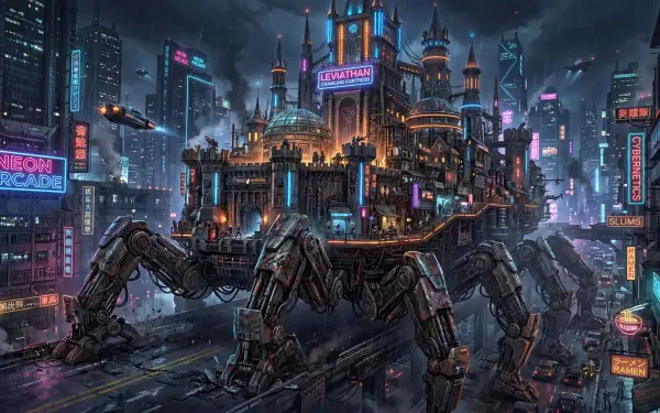 Cyberpunk nightscape: cathedral-like fortress on a giant mechanical spider roaming neon-lit city streets and flying vehicles — 5K Ultra HD PC desktop wallpaper and background.