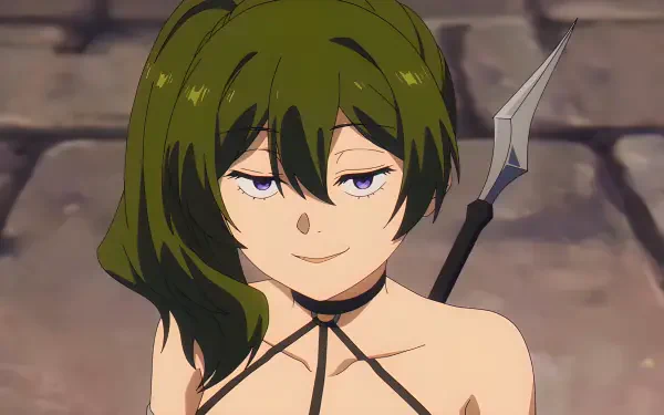 Ubel from Frieren: Beyond Journey's End — green‑haired anime girl smirking, holding a spear against a cobblestone backdrop; 4K Ultra HD fantasy PC desktop wallpaper.