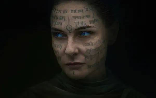 Dune: Part Three 4K Ultra HD PC desktop wallpaper — close-up of a hooded woman's face with glowing blue eyes and script-like markings across her skin in deep shadow.