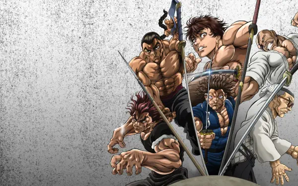 Baki Hanma HD PC desktop wallpaper: Baki and rival fighters burst forward from a textured concrete background in dynamic action.