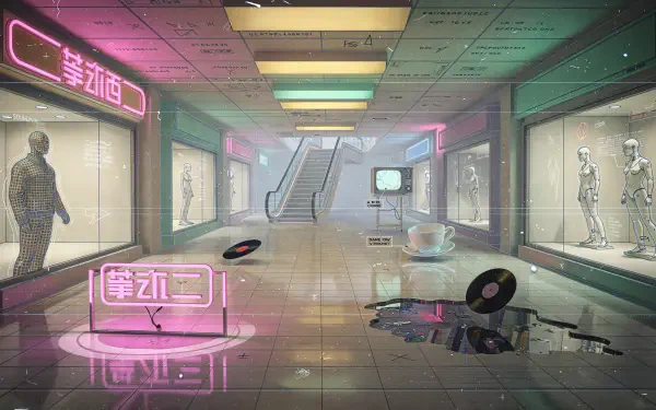 4K Ultra HD PC desktop wallpaper and background: neon-lit futuristic mall corridor with display windows, robotic mannequins, floating vinyl records and a central escalator.