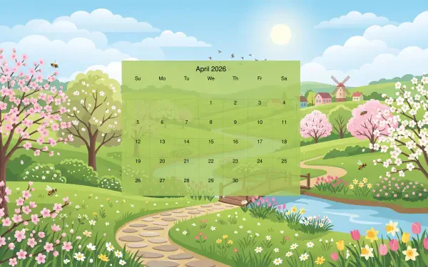 April 2026 calendar displayed on a 5K Ultra HD PC desktop wallpaper and background: sunlit spring meadow with blossoming trees, winding stone path, pond and distant cottages.
