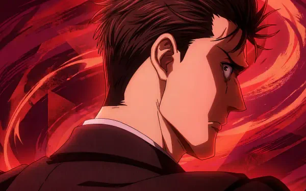 Hiromi Higuruma from Jujutsu Kaisen 3rd Season — sharp side profile with an intense glare against swirling red energy; 5K Ultra HD anime PC desktop wallpaper