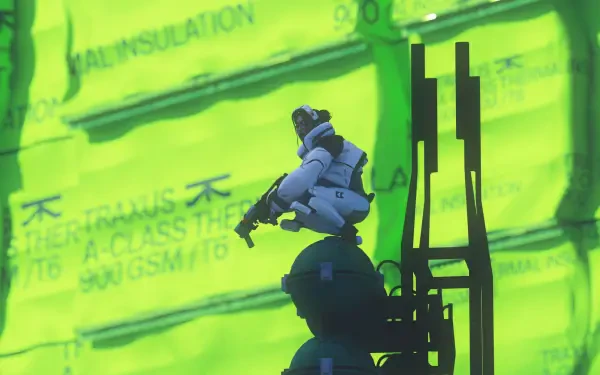 Neon-green Marathon (Video Game) 2K Quad HD PC desktop wallpaper: armored figure perched on machinery, silhouetted against a glowing cyberpunk backdrop.