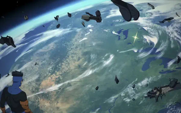 4K Ultra HD PC desktop wallpaper: Invincible's Mark Grayson drifting above Earth amid floating debris, cinematic TV show artwork.