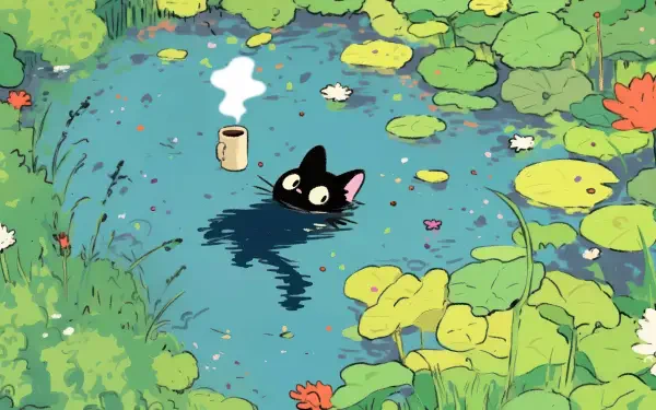 Black cat peeks from a lily-strewn pond beside a steaming coffee cup, chill lofi atmosphere — 4K Ultra HD PC desktop wallpaper and background.