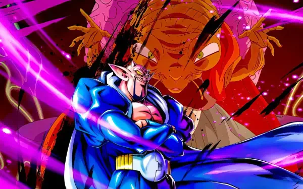 HD Dragon Ball Z desktop wallpaper: villain Dabura stands arms crossed in a blue cape, glaring as sorcerer Babidi looms behind him amid glowing purple energy.