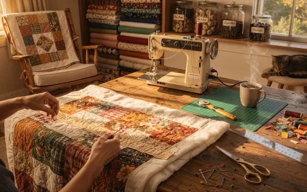 Quilting scene: hands smoothing a patchwork quilt on a wooden table next to a vintage sewing machine, fabric stacks, tools and a mug — 4K Ultra HD PC desktop wallpaper and background.