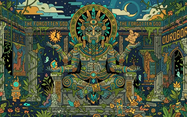 5K Ultra HD PC desktop wallpaper and background: vibrant overgrown temple with a seated ornate Forgotten God statue, glowing glyphs, small creatures and lush plants under a starry night sky.