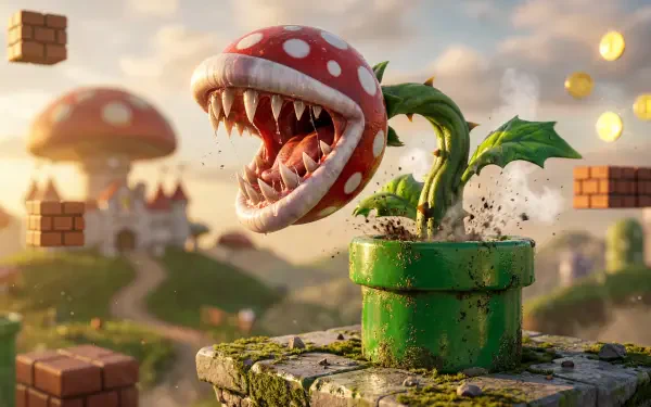 Close-up of a snarling piranha plant erupting from a green pipe among floating coins and brick blocks, rendered as a vibrant 5K Ultra HD PC desktop wallpaper and background.