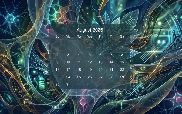 August 2026 calendar overlay on a neon fractal circuitscape — intricate teal, gold and purple patterns; 5K Ultra HD PC desktop wallpaper and background.