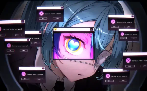 2K Quad HD desktop wallpaper of Vocaloid Hatsune Miku: anime girl with teal twin-tails, one eye a glowing heart behind a glitch window, surrounded by floating error dialog boxes.