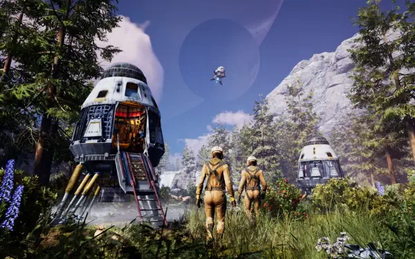 HD PC desktop wallpaper/background for the video game ICARUS: two suited explorers approach an open drop pod in a lush alpine forest, rocky peaks around them and a huge blue planet in the sky.