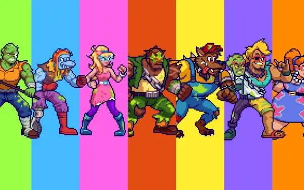 HD PC desktop wallpaper background of Toxic Crusaders video game pixel art: seven mutant crusaders lined up against bright vertical rainbow stripes.