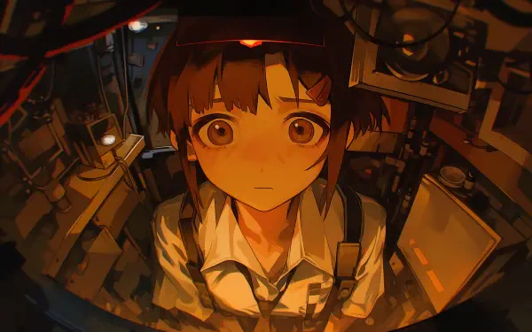 Retro anime-style 2K Quad HD desktop wallpaper of Lain Iwakura from Serial Experiments Lain, fisheye view of her in a dim, tangled tech-filled room bathed in warm orange light.