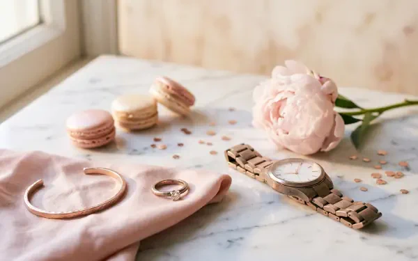 Rose gold 5K Ultra HD PC Desktop Wallpaper and Background — sunlit marble still life with rose-gold watch, bangle and ring, pink macarons, peony and scattered confetti.