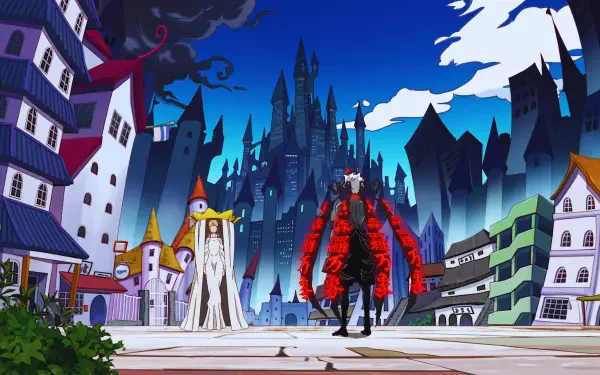 5K Ultra HD PC wallpaper: Fire Force anime scene of Shinra Kusakabe and Haumea (Fire Force) standing before a Soul Eater–style gothic castle, Shinra surrounded by red flame pillars.