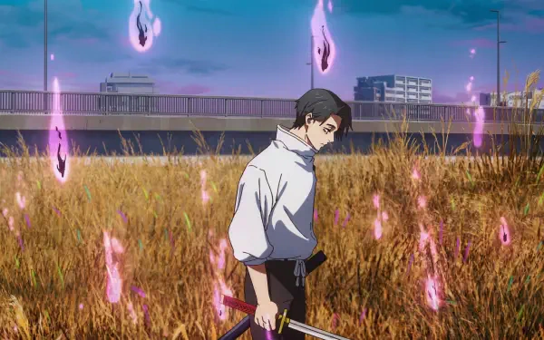 5K Ultra HD PC desktop wallpaper of Yuta Okkotsu from Jujutsu Kaisen 3rd Season — anime sorcerer in a field, swords drawn, surrounded by purple cursed-energy flames.