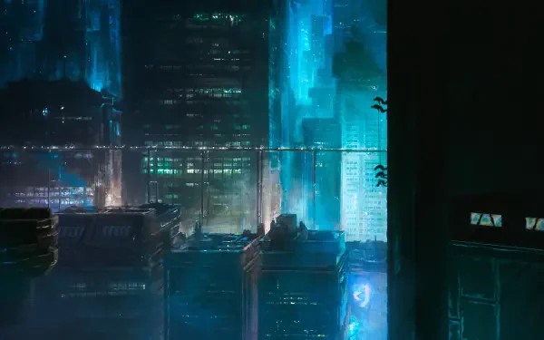 2K Quad HD PC desktop wallpaper of a neon-blue futuristic cityscape at night from Star Wars: Maul – Shadow Lord, with towering spires, glowing windows and reflective water.