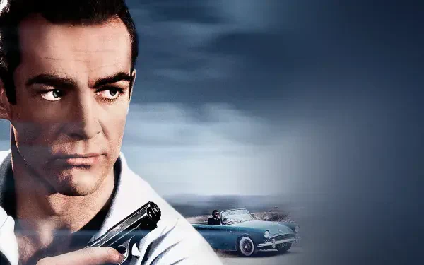 4K Ultra HD PC desktop wallpaper titled Dr. No: close-up of a stoic man holding a pistol, vintage convertible and misty seascape on a moody blue background.