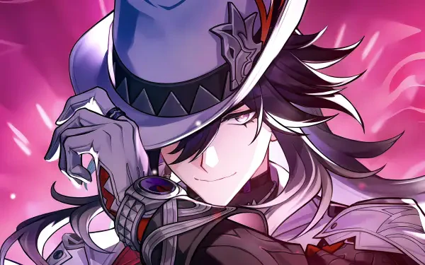 4K Ultra HD PC wallpaper of Ashveil (Honkai: Star Rail): close-up of the hat-wearing, smirking character tipping their brim amid swirling pink energy.