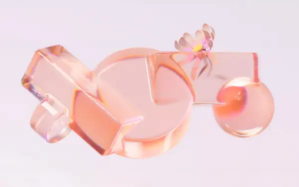 Pastel pink Microsoft Windows 4K Ultra HD PC desktop wallpaper showing a glossy translucent 3D Windows logo with soft gradients and a small floral accent.