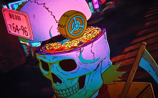5K Ultra HD anime wallpaper of Ebisu (Dorohedoro): neon-lit skull with exposed brains and a coin, stylized cyberpunk street background in vivid colors for PC desktop.