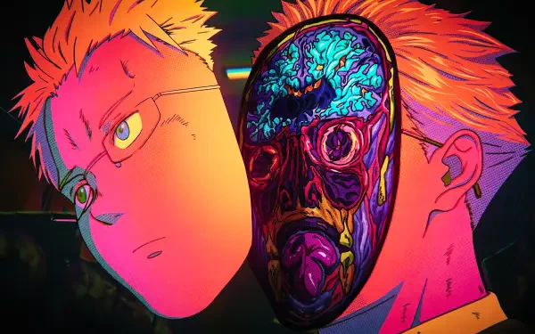 5K Ultra HD PC desktop wallpaper of Shin (Dorohedoro): anime portrait with a split face revealing a vivid, grotesque skull mask against a neon-lit background.