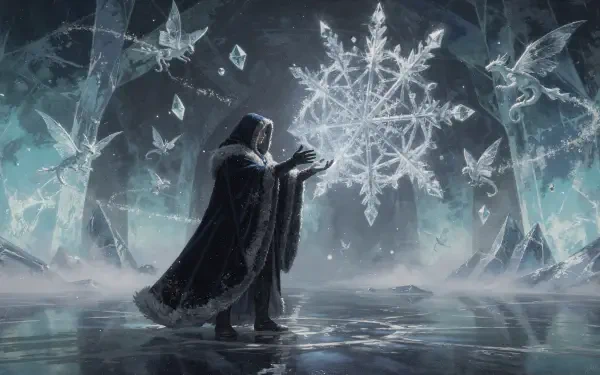 Cloaked figure conjures a glowing snowflake amid frozen trees and ice shards, spectral birds circling — 4K Ultra HD PC desktop wallpaper/background, ice magic.