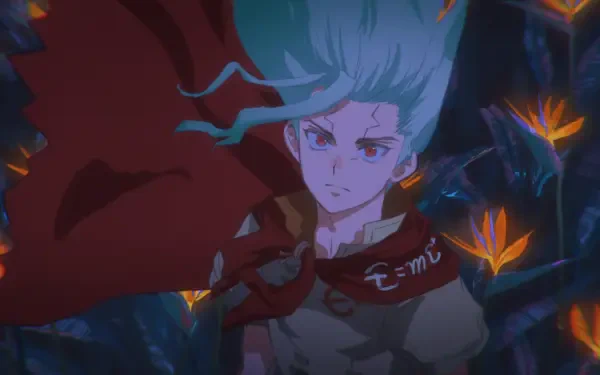 Anime HD PC desktop wallpaper of Senku Ishigami from Dr. Stone: pale-green hair, red cloak, intense glowing eyes, standing amid dark, bioluminescent flowers.