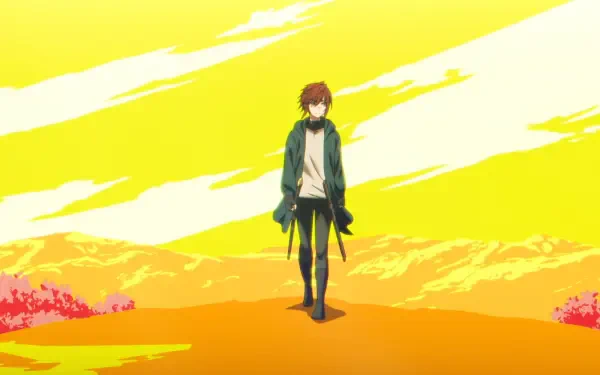 Anime HD PC desktop wallpaper of Arthur Leywin from The Beginning After The End walking across a glowing yellow landscape.
