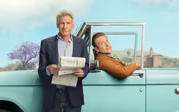 Shrinking — 4K Ultra HD PC desktop wallpaper and background: two men beside a turquoise vintage car, one holding a map, the other leaning from the driver's window against a desert backdrop.