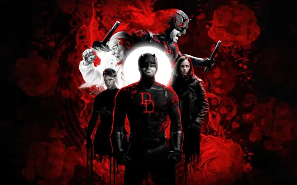 Daredevil: Born Again 5K Ultra HD PC desktop wallpaper showing Daredevil front and center in red-black suit, surrounded by allies and enemies in a blood-red, noir collage.