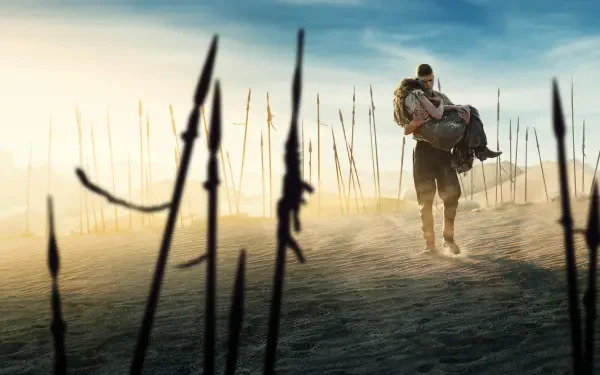 The Wheel of Time 4K Ultra HD PC desktop wallpaper: lone rider carrying another across a foggy, spear-studded desert, tall spears silhouetted against a blue, windblown sky.